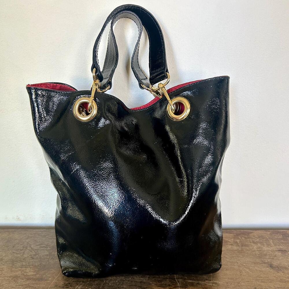 Vintage Black Patent Leather Bucket Bag | Maurizio Taiuti 90's Purse Made Italy